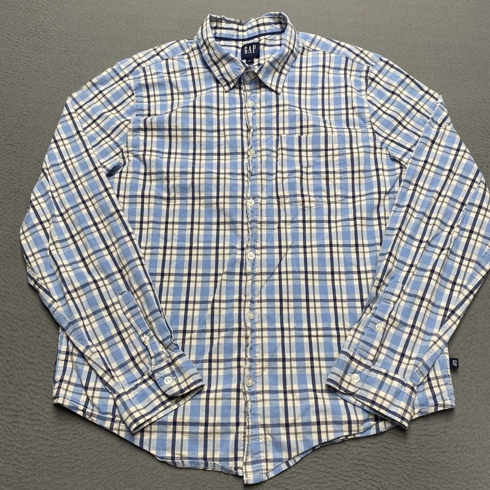 Gap Shirt Mens XL Blue Plaid Long Sleeve Button Up Stretch Casual Woven Cotton